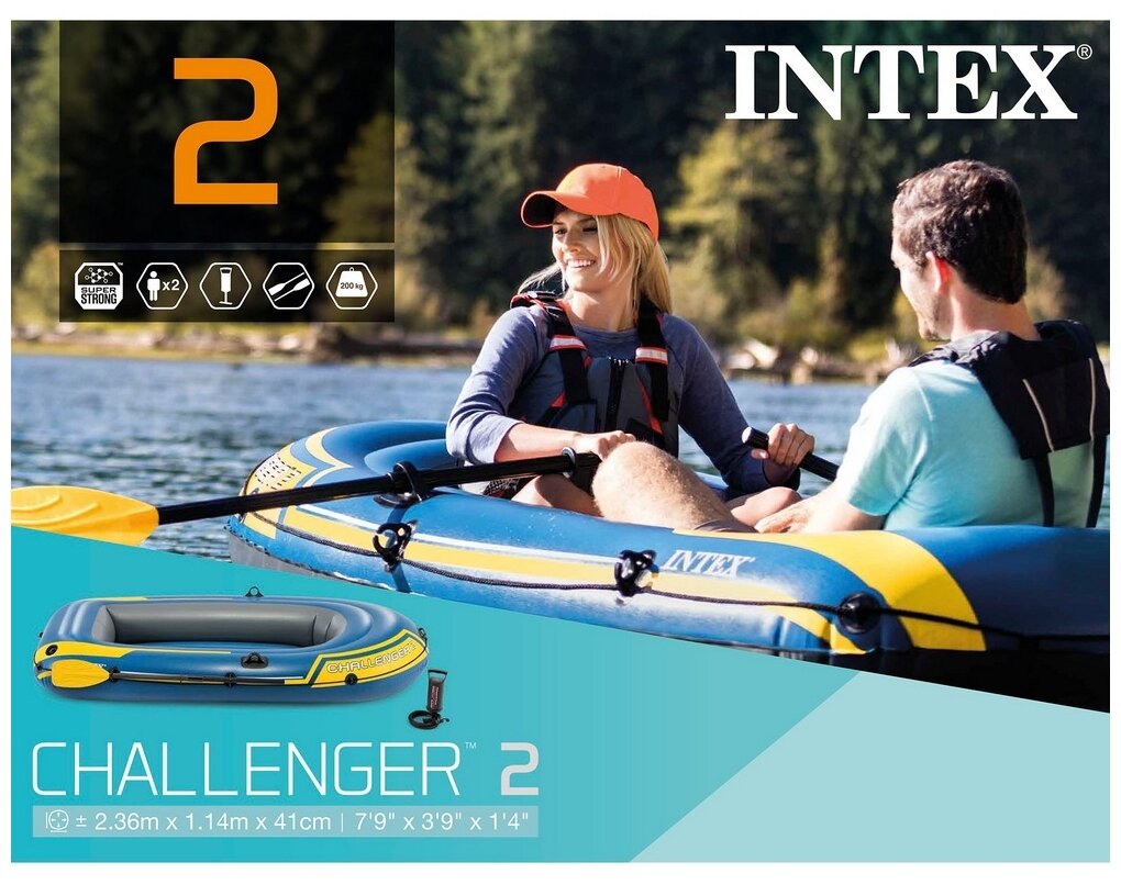 INTEX Надувная лодка Challenger-2-Set двухместная 236*114*41 см + насос и весла 68367