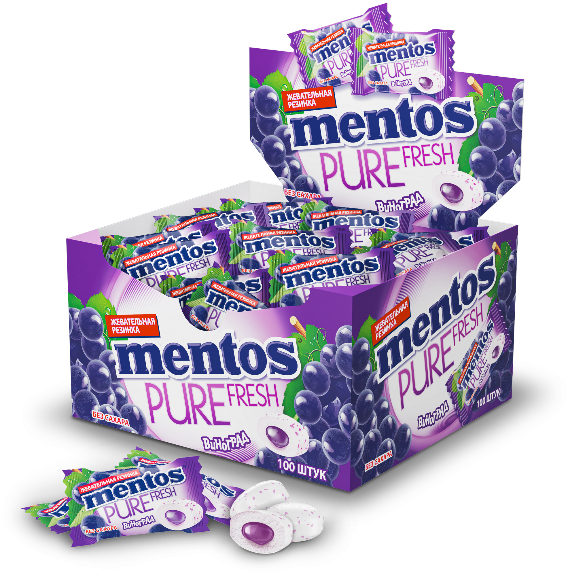 Жевательная резинка MENTOS Pure Fresh Виноград без сахара в коробке