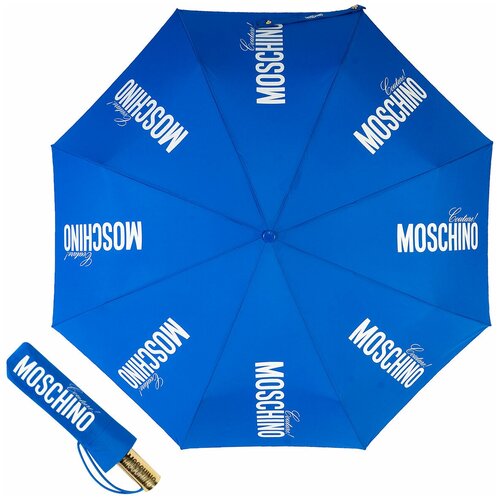 Мини-зонт MOSCHINO, автомат, 3 сложения, купол 94 см., 8 спиц, система «антиветер», чехол в комплекте, для женщин, синий