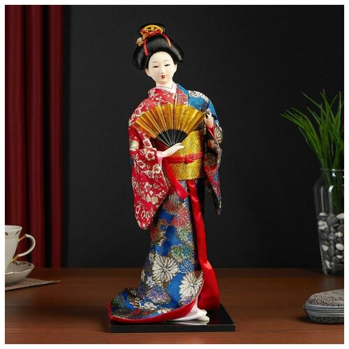 фото Кукла коллекционная "гейша в шелковом кимоно с веером" 40 см noname