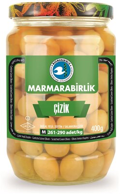 Оливки зеленые натуральные MARMARABIRLIK CIZIK M (261-290) надрезанные, с косточкой в рассоле, ст/б, нетто 710 г