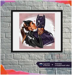 Алмазная мозаика MozArt Бэтмен и кошка / Алмазная вышивка / Картина стразами 40х40 / холст / круглые стразы / полная выкладка