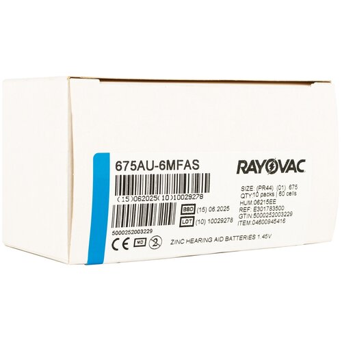 Батарейки Rayovac 675 (PR44) для слуховых аппаратов, упаковка (60 батареек)
