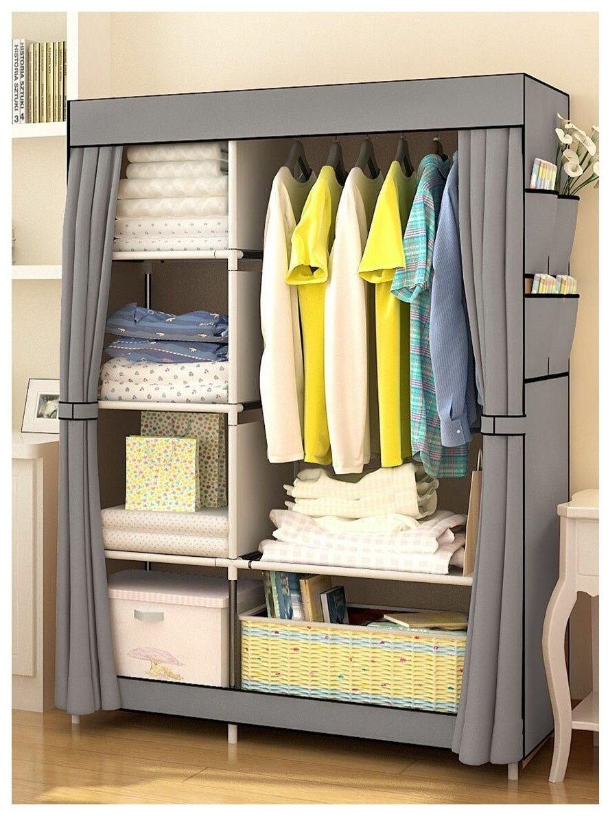 Складной тканевый серый шкаф для хранения вещей / Большой каркасный серебристый шкаф для одежды, белья, обуви