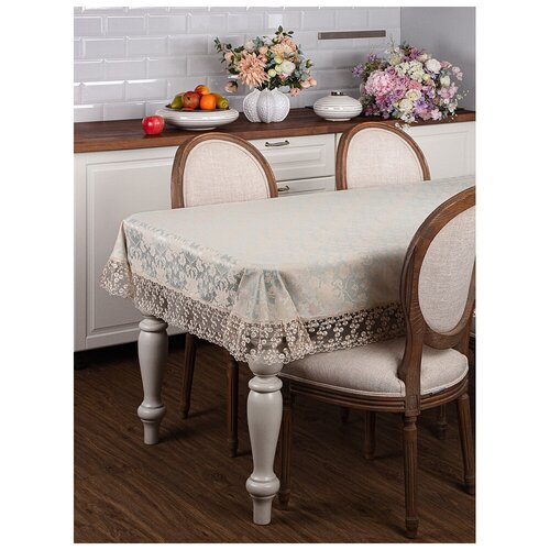 фото Скатерть жаккардовая с кружевом 850-880-65 ричард, мятный 160х220 см (мятный), скатерть 160x220 santalino