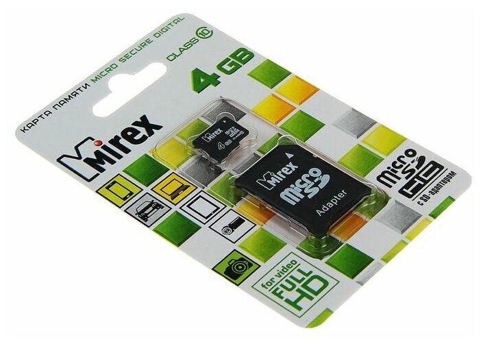 Карта памяти Mirex microSD, 4 Гб, SDHC, класс 10, с адаптером SD