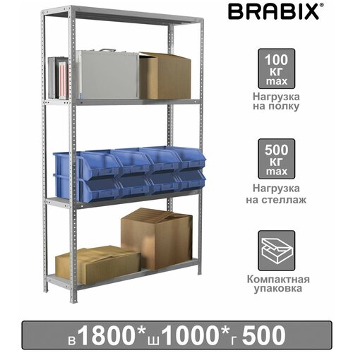 стеллаж металлический ms 1500x750x400 4 полки Стеллаж металлический Brabix Ms Kd-180/50-4, 1800х1000х500 мм, 4 полки, сборная стойка, 291116