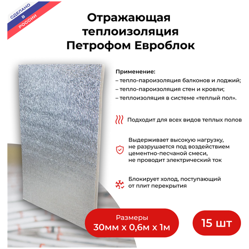 Фольгированная теплоизоляция 9м2 Петрофом Евроблок 30мм х 0,6м х 1м, 15шт.