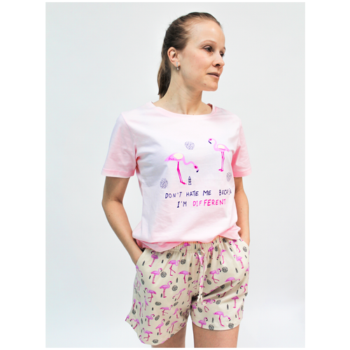 фото Пижама женская с шортами, футболка и шорты с фламинго, хлопок 100% текстилево