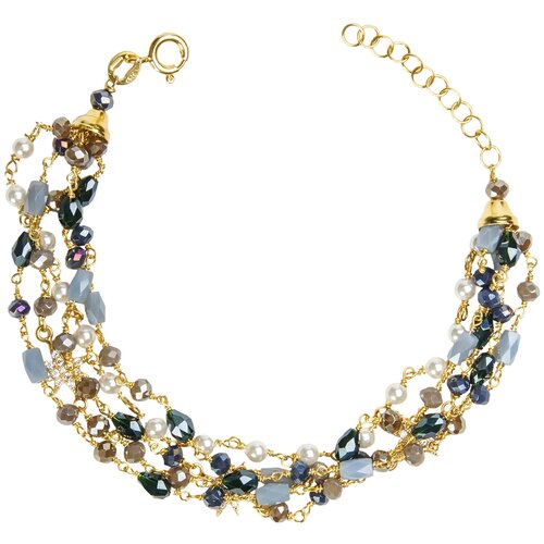 Браслет Misis, серебро, 925 проба, золочение, жемчуг имитация, кристалл, фианит, длина 20 см., золотистый, голубой