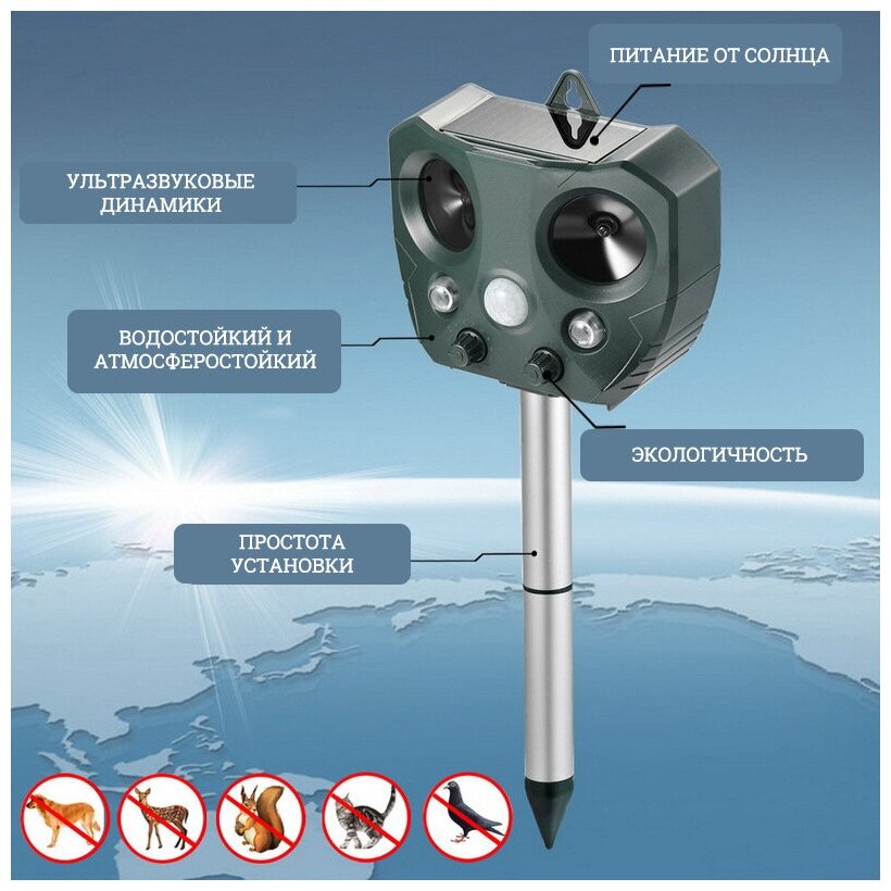 Ультразвуковой отпугиватель животных G-LUCK (собак, кошек, домашнего скота, диких животных, грызунов, змей, птиц) репеллент на солнечной батарее