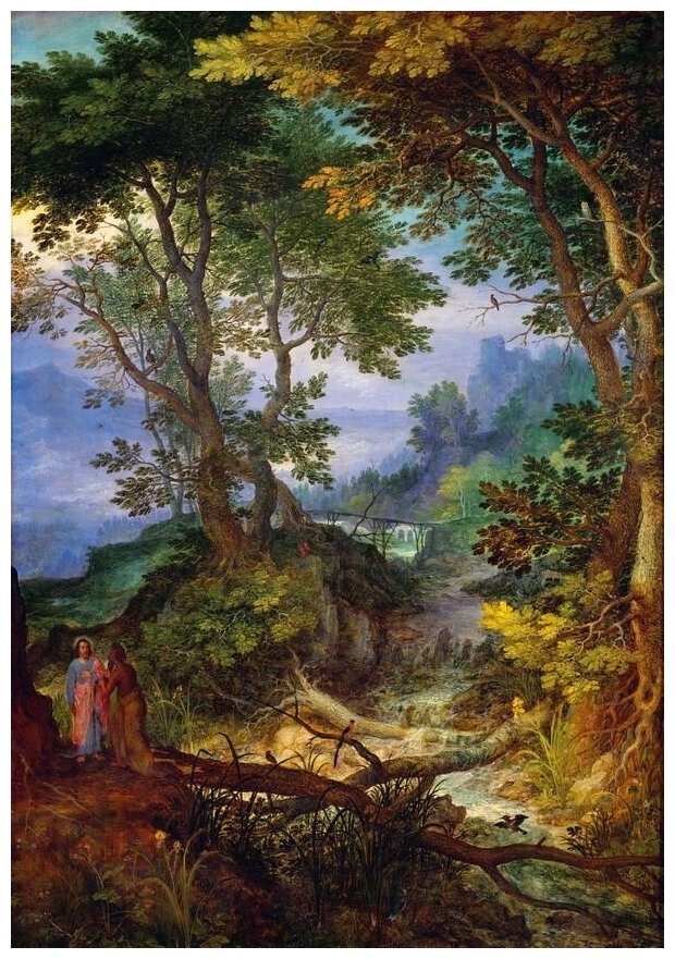Репродукция на холсте Скалистый пейзаж с искушением Христа Брейгель Ян Младший 30см. x 43см.