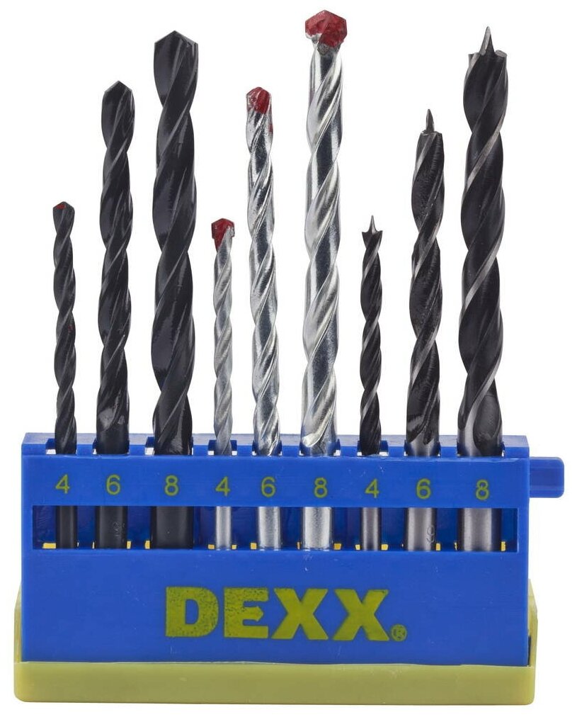DEXX дерево 4-6-8 мм, металл 4-6-8 мм, бетон 4-6-8 мм, набор комбинированных сверл (2970-H9)