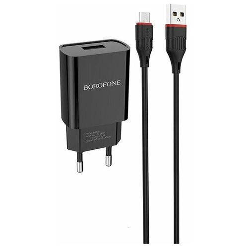 Сетевое З/У Borofone BA20A 1USB 2.1A с кабелем microUSB черный сетевое зу borofone ba20a 1хusb а кабель am type c 1 м черный