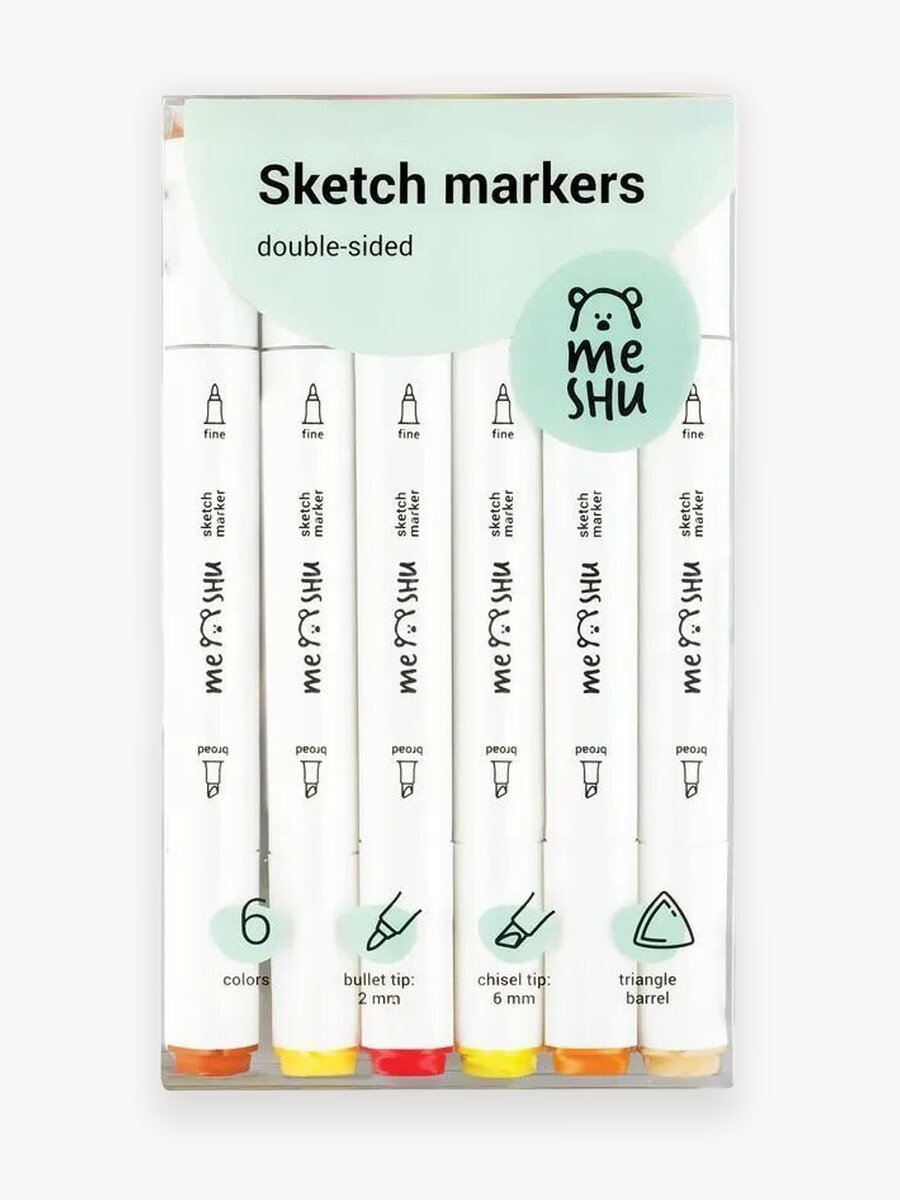 Набор двусторонних маркеров для скетчинга MESHU, 6 цветов, осенние цвета, пвх бокс