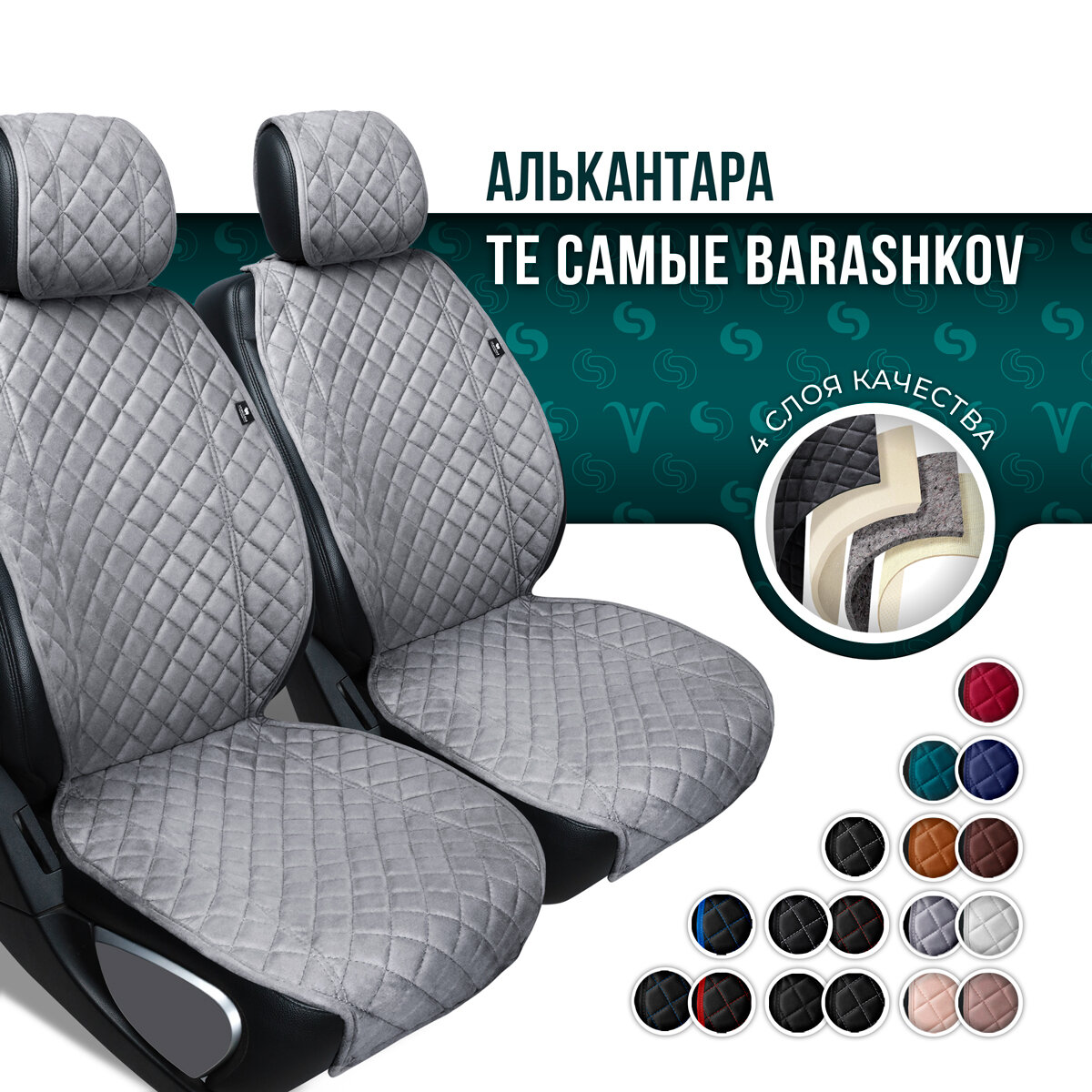 BARASHKOV/ Комплект накидок из алькантары на передние сиденья автомобиля "CLASSIC". Накидка чехол на сиденье 2 шт. Модель L. Серый