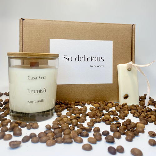 Подарочный набор «Восхитительно вкусно»: свеча ароматическая «Тирамису» (с деревянным фитилем, в стакане), саше ароматическое «Арабика» (для шкафа, для белья) // «Сладкий» подарок девушке, подруге, маме, сестре, коллеге