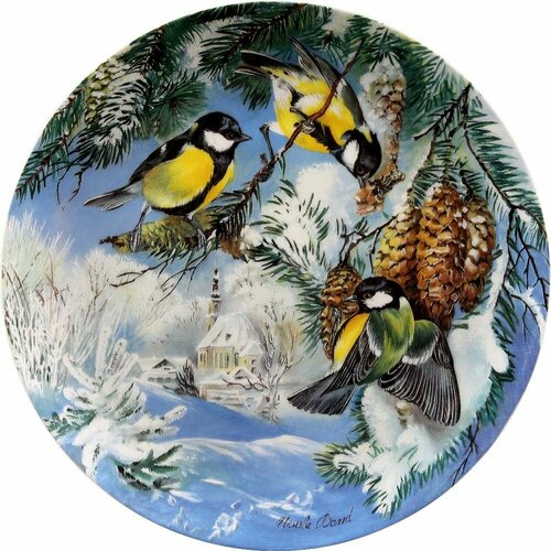 Синицы в поисках корма, коллекционная декоративная винтажная тарелка из серии "Птицы зимой", Урсулы Банд (Ursula Band)