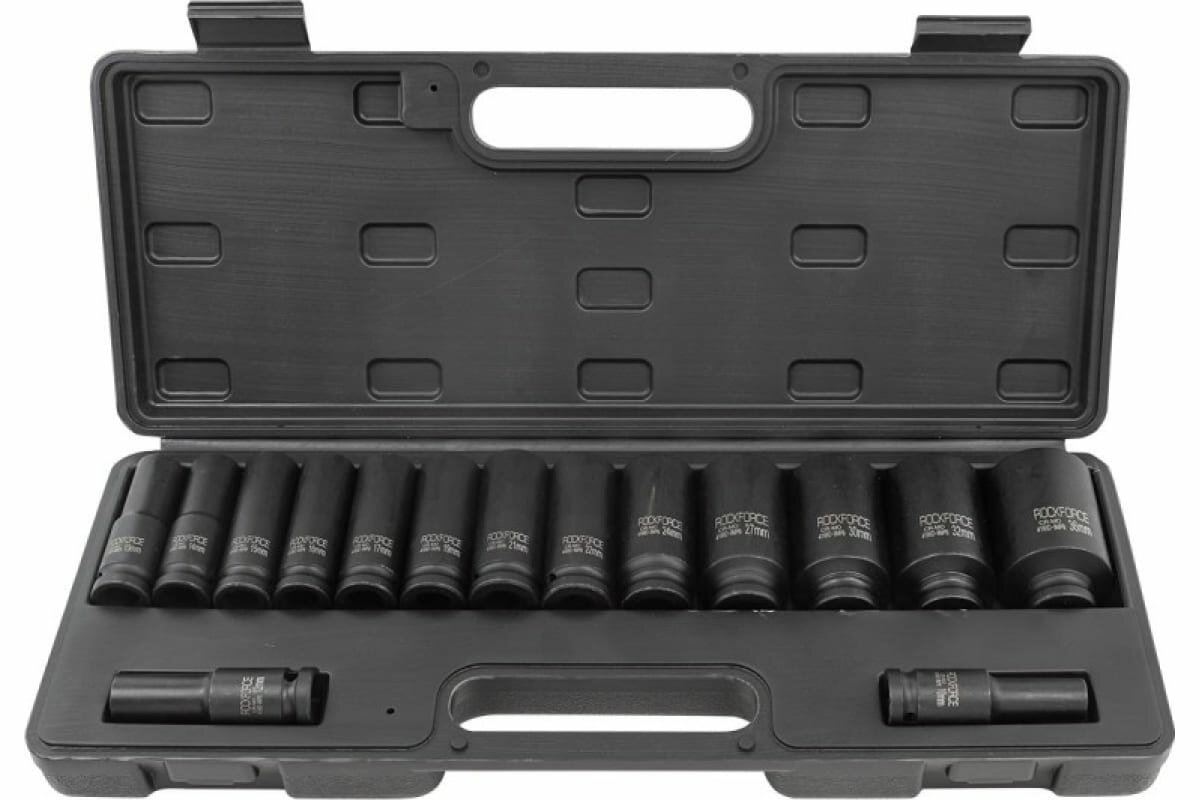 фото Набор ударных головок ROCKFORCE RF-4169-5MPB, глубокие, 16 предметов, 1/2" 6 граней, 10-19, 21, 22, 24, 27, 30, 32 мм, кейс