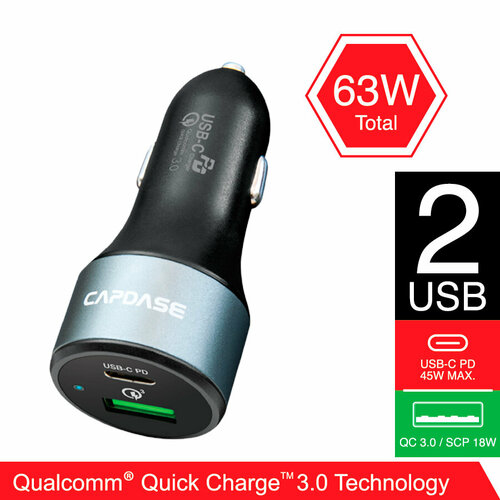 Быстрая автомобильная зарядка Capdase Rapider 2P63 63W, 1*USB QC 3.0 + 1*Type-C PD, черный