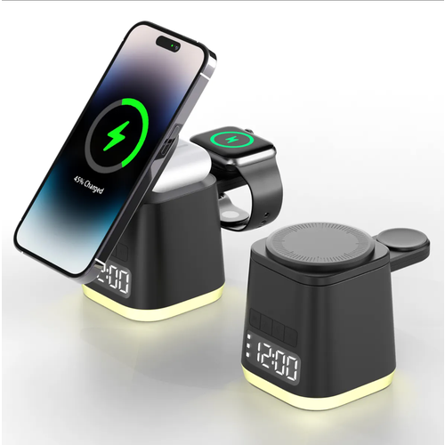 Беспроводная зарядка LOKY для Apple Watch, Iphone, Air Pods 6 в 1 (15/7/5W), часы Watch, встроенные часы-будильник и ночник 6 в 1