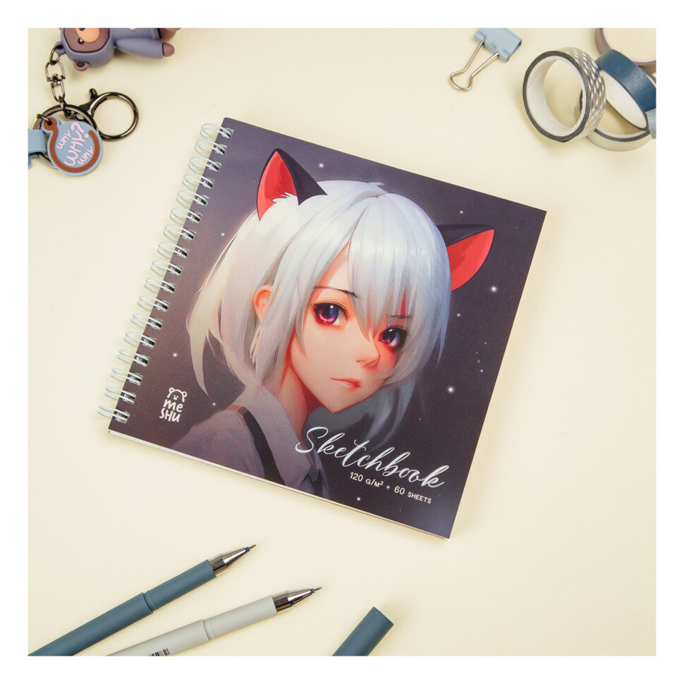 Скетчбук 60л, 150*150 MESHU "Neko", на гребне, выб. лак, soft-touch, 120г/м2, 357279