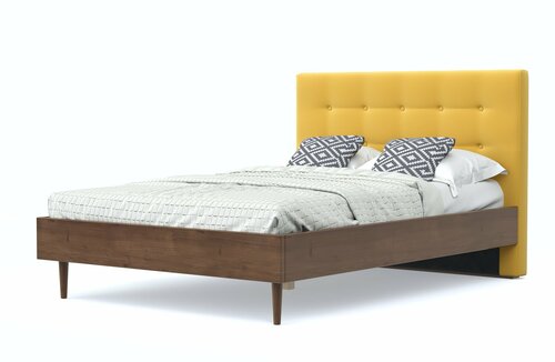 Двуспальная кровать альмена 180х200, с мягким изголовьем, желтый-орех, велюр, массив дерева, на ножках