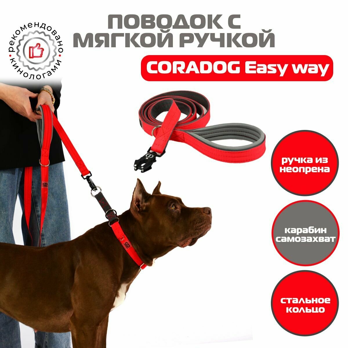 фото Поводок CORADOG Easy way c мягкой ручкой и карабином самозахватом Frog , длина 2 м, для средних и крупных пород собак цвет красный, серый