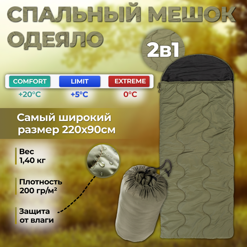 Спальный мешок-одеяло 220x90 см туристический хаки 4690₽