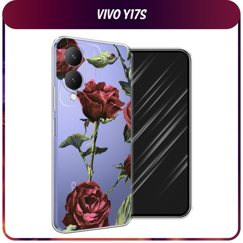 Силиконовый чехол на Vivo Y17s / Виво Y17s Бордовые розы фон, прозрачный силиконовый чехол на vivo y17s виво y17s маки и васильки фон прозрачный