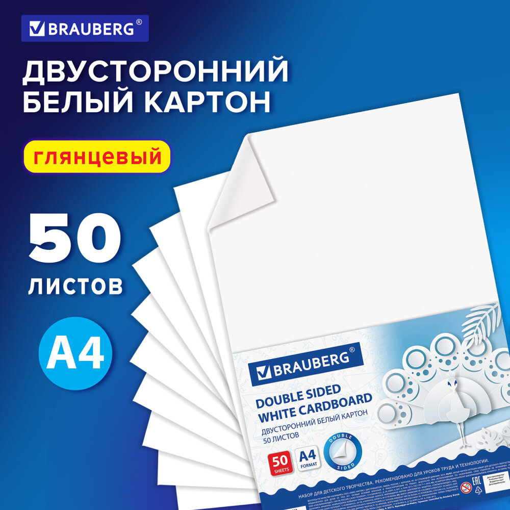 Картон белый А4 мелованный (белый оборот), 50 листов, в коробке, BRAUBERG, 210х297 мм, 113562 упаковка 2 шт.