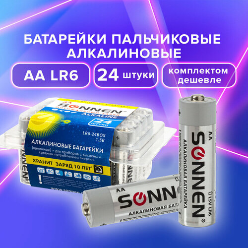 Батарейки комплект 24 шт, SONNEN Alkaline, АА(LR6, 15А), алкалиновые, пальчиковые, короб, 455095 упаковка 2 шт. батарейки комплект 24 шт sonnen alkaline аа lr6 15а алкалиновые пальчиковые короб 455095