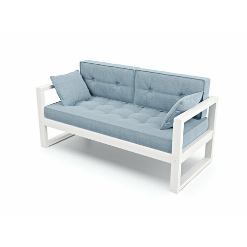 Маленький диван АСТЕР-М-С голубой, рогожка, деревянный, двухместный, садовый, для кафе и бара, для офиса, скандинавский лофт