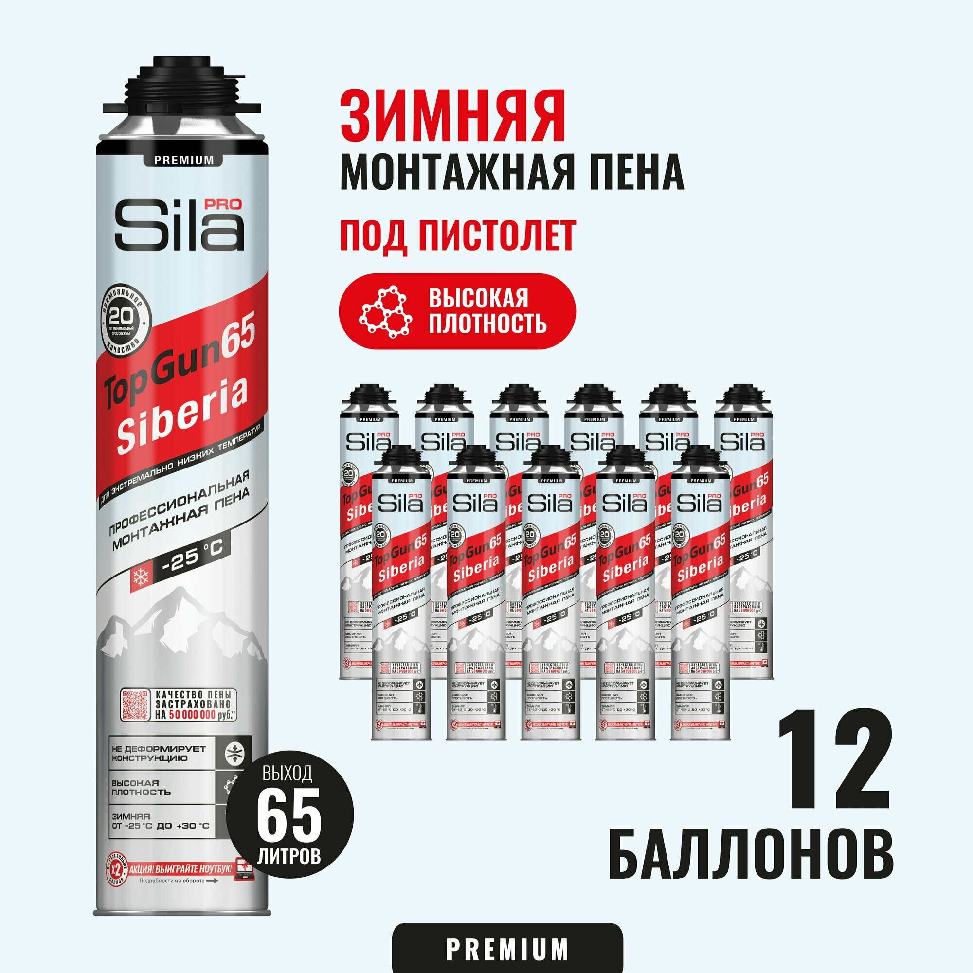 Профессиональная монтажная пена Sila Pro TopGun 65 SIBERIA, зимняя, 850 мл, 12 баллонов, SPTGSB66