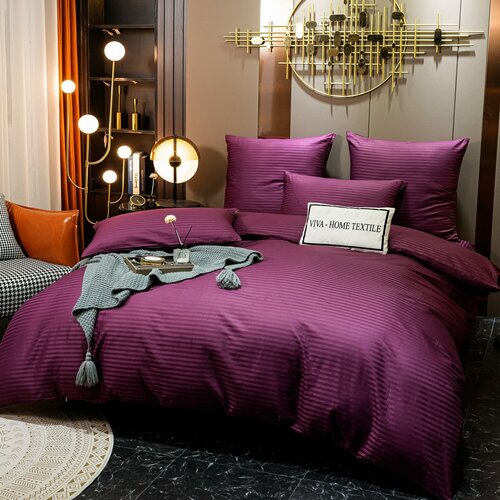 Евро комплект постельного белья, Страйп Сатин однотонный, 4 наволочки красный, бордовый, размер евростандарт