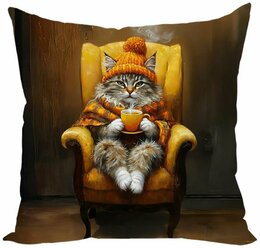 Подушка декоративная Кот с кружкой чая 40х40 велюр