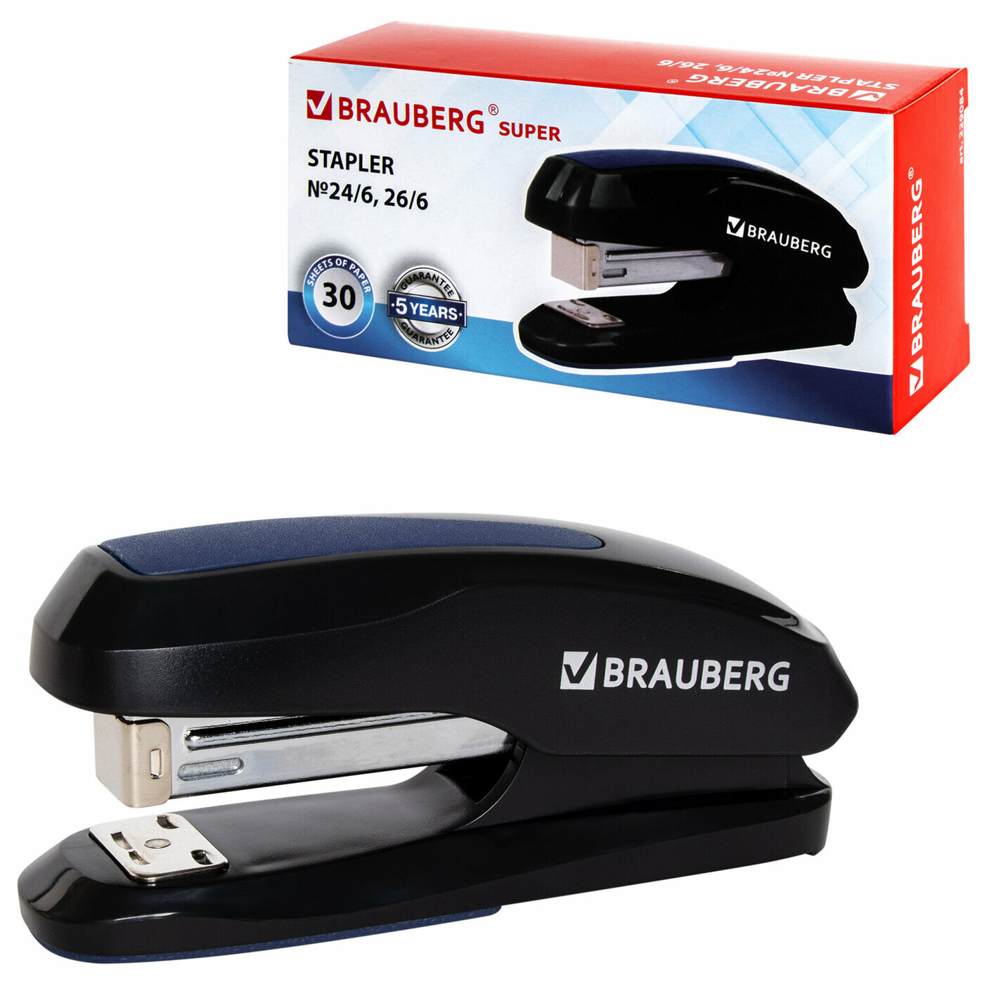 Степлер Brauberg №24/6, 26/6, "Super", до 30 листов, черно-синий — фото 1