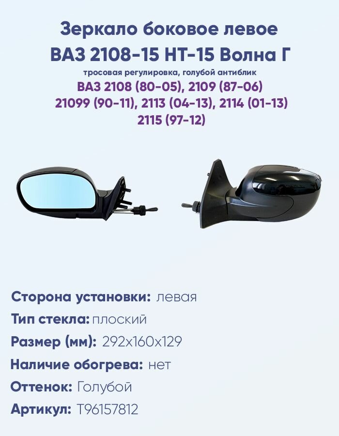 Зеркало боковое левое ВАЗ 2108, 2109, 2113, 2114, 2115, модель НТ-15 Г "Волна" с тросовым приводом регулировки, с плоским противоослепляющим отражателем голубого тона. Без системы Обогрева.