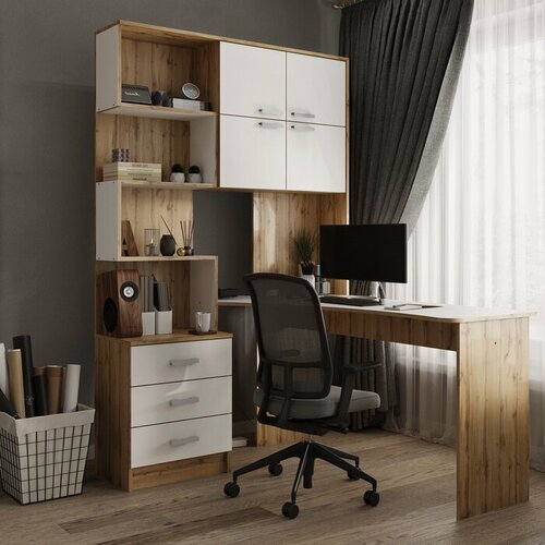 Изображение товара Стол компьютерный №1, правый, 1280×2000×1450 мм, цвет дуб вотан/белый