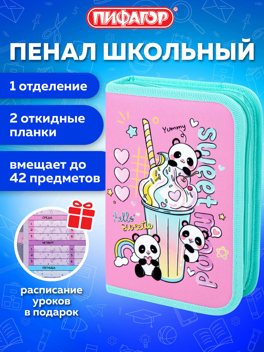 Пенал школьный для девочек для карандашей и ручек с 1 отделением канцелярия для школы 2 откидные планки полиэстер 20х14 Пифагор Sweet 272288