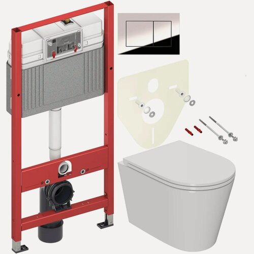 Изображение товара Комплект 2 в 1 Унитаз подвесной Bauedge Bau Nimb Hurricane-2 / Инсталляция с кнопкой TECE Now 9400412 цвет хром