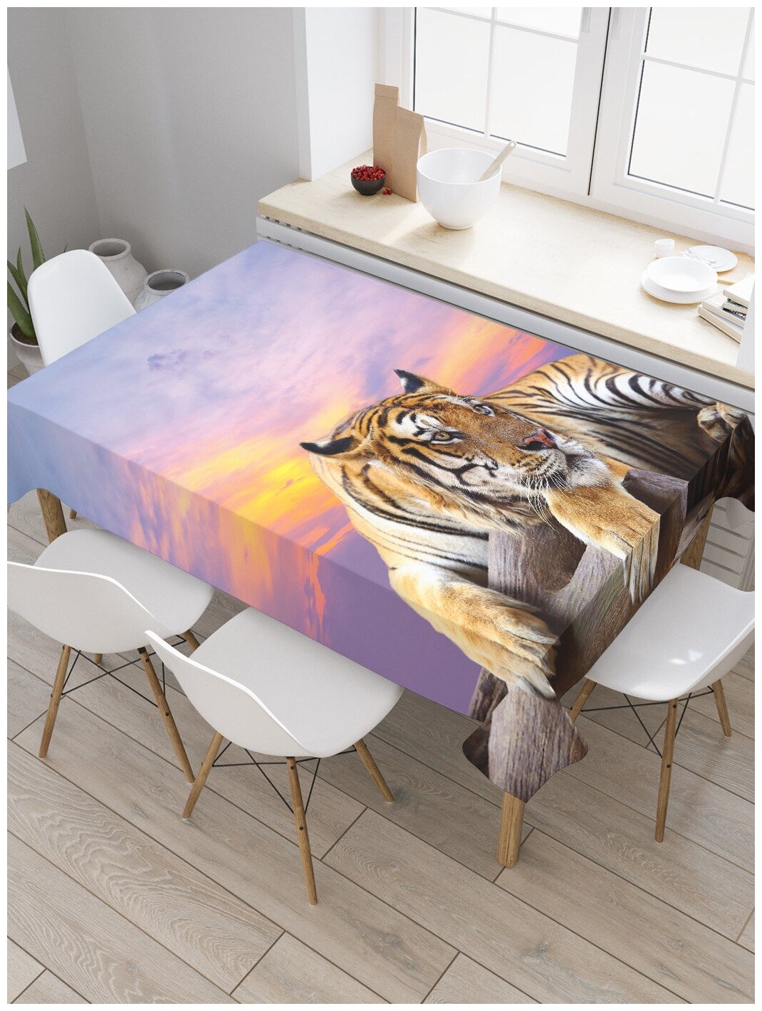 Скатерть прямоугольная JoyArty "Тигр за небесами" из сатена, 120x145 см