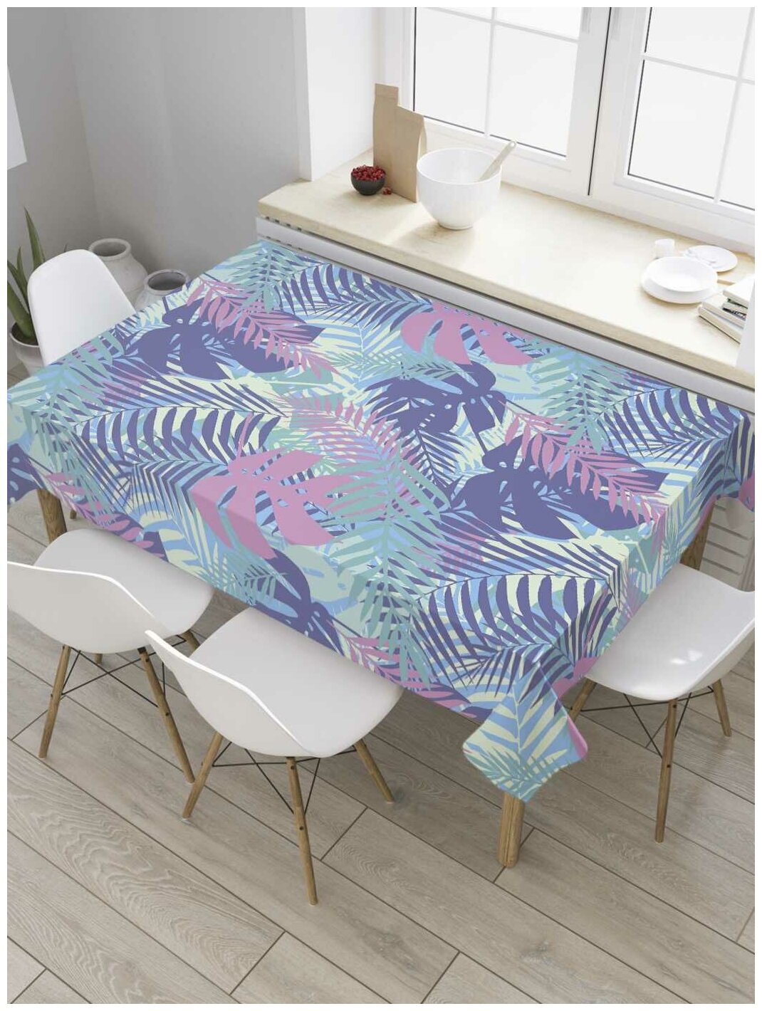 Прямоугольная водоотталкивающая тканевая скатерть на стол JoyArty с рисунком "Густые тропики" 145 на 180 смрозовый, бирюзовый, синий