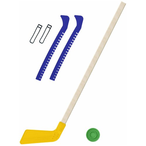 фото Набор зимний: клюшка хоккейная жёлтая 80 см.+шайба + чехлы для коньков синие, задира-плюс