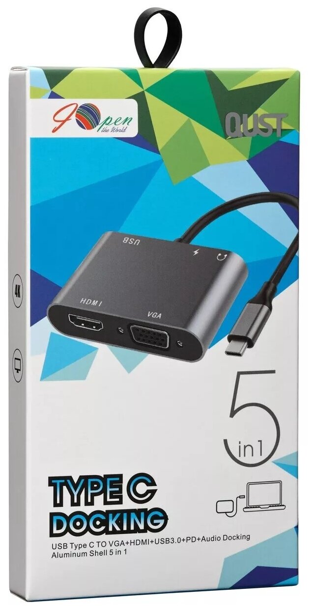 Адаптер USB Type-Cm-->VGA, HDMI 4k*30Hz, USB3.0, PD, Audio, iOpen (Aopen/Qust)<ACU4511> VCOM Адаптер-переходник AOpen/Qust USB 3.1 Type C M/HDMI F/VGA F/USB 3.0 Type A F/Jack 3.5 mm F (ACU4511) - фото №11