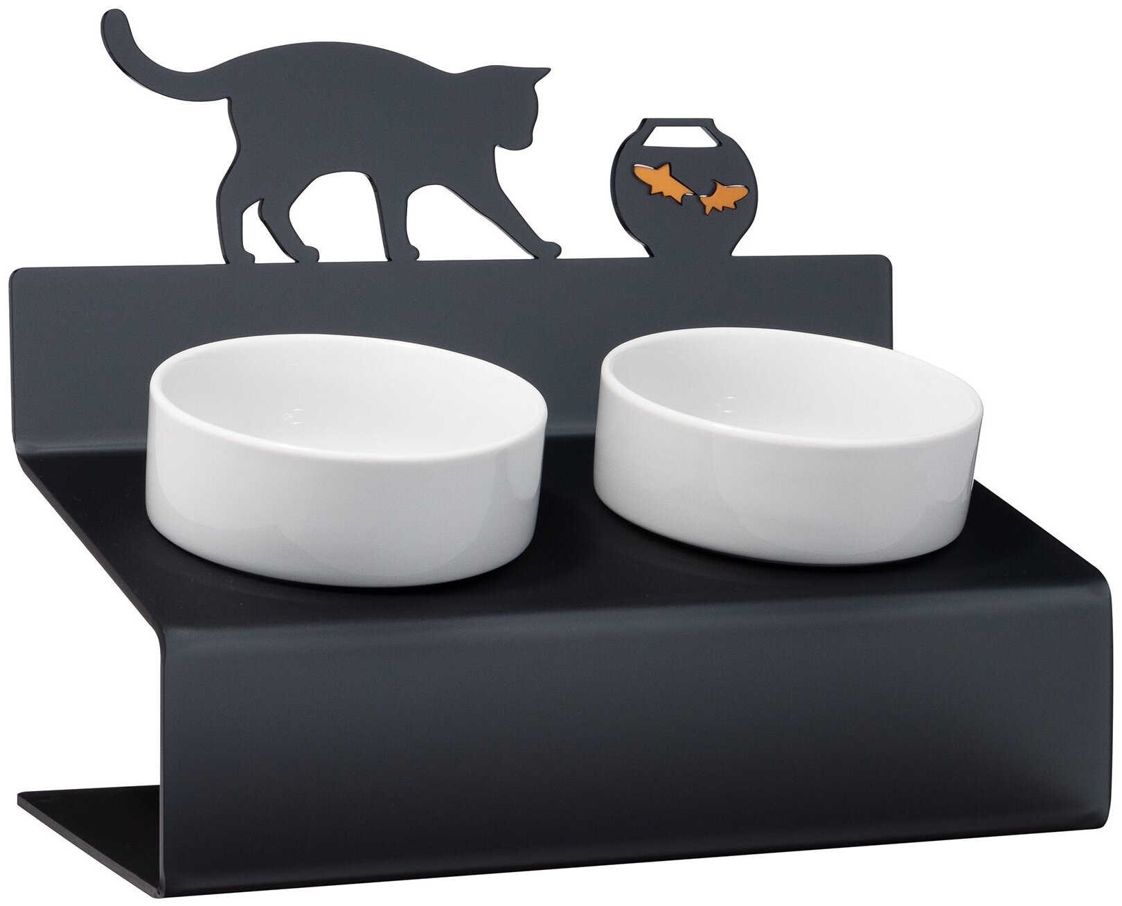 Миска для кошек на подставке с наклоном Artmiska "Кот и рыбы" XS двойная 2x360 мл, графитовая