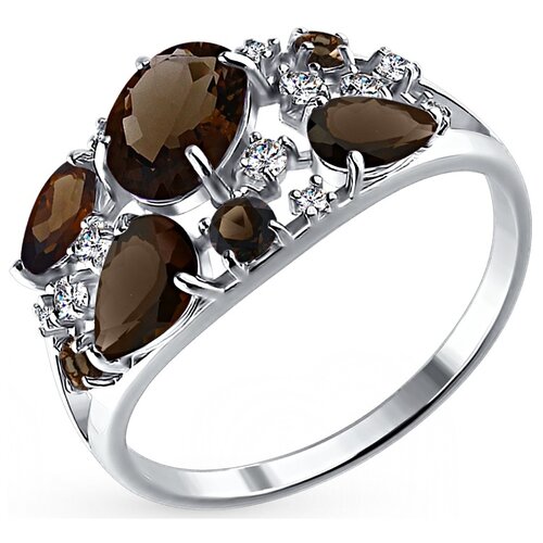 фото Кольцо sokolov, серебро, 925 проба, раухтопаз, фианит, размер 18.5, коричневый, бесцветный diamant online
