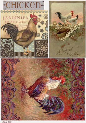 Изображение товара Рисовая бумага для декупажа карта салфетка А4 салфетка 0665 петухи винтаж крафт Milotto