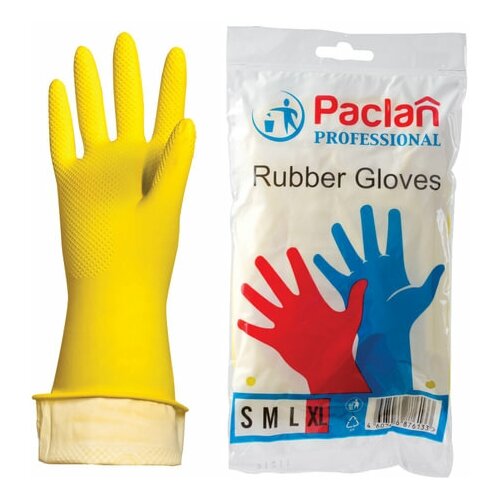 Перчатки хозяйственные латексные, комплект 30 шт., х/б напыление, размер XL (очень большой), желтые, PACLAN 