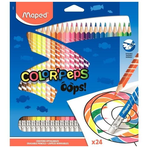 Карандаши цветные 24 цвета Maped Color'Peps Oops (L=187мм, d=2.9мм, 3гр, c ластиком) (832824), 12 уп.